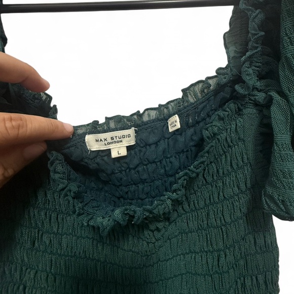 Max Studio Forest Green Mesh Smocked Midi Dress - Picture 6 of 8